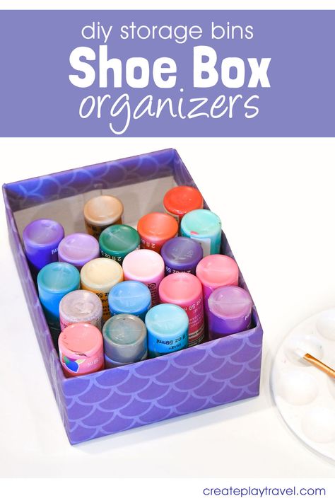 How to Make Cute Recycled Shoe Box Organizers - Create. Play. Travel. Box Recycle Ideas, Shoe Box Ideas, Easy Organizing Ideas, Diy Storage Bins, Box Recycle, Shoe Box Diy, Shoe Box Organizer, Recycled Shoes, Cute Storage Boxes