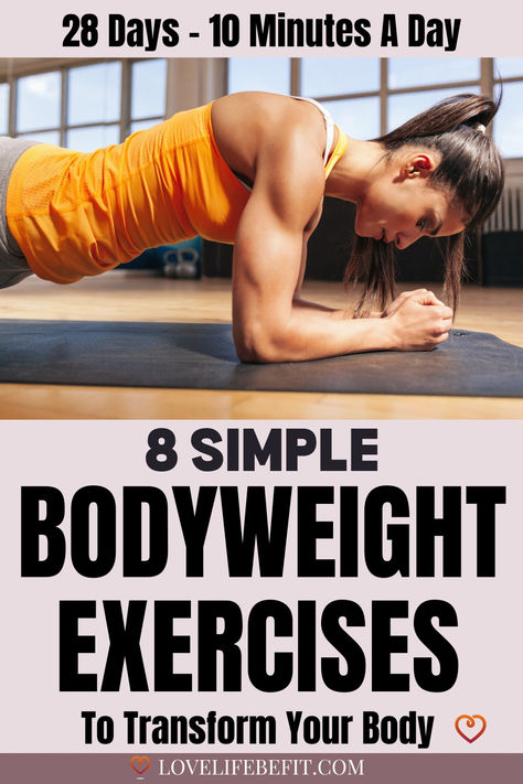 This 10 minutes a day exercise plan of simple bodyweight exercises will transform your body in just 4 weeks. Work your glutes, abdominals, legs and upper body with these simple exercises - no equipment required. This exercise plan is suitable for beginners and you can exercise at home or even in the office. This free schedule includes 3 workout plans and one bonus session. Workout plans for women and beginners. Workout Plans For Women, 4 Week Workout Plan, Bodyweight Strength Training, Gym Plans, Free Workout Plans, At Home Workouts For Women, Exercise At Home, Weekly Workout Plans, Workout Plan For Beginners