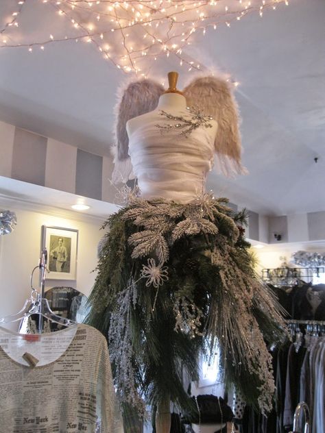 Dress Form Christmas Tree, Mannequin Christmas Tree, Fashion Christmas Tree, Angels Wings, Christmas Tree Dress, Tree Dress, Dress Form Mannequin, Unique Christmas Trees, Flocked Christmas Trees