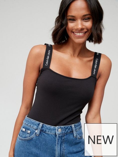 Calvin Klein Jeans Straps Logo Tape Bodysuit - Black | very.co.uk Calvin Klien, Strap Tops, Black Bodysuit, Calvin Klein Jeans, Wide Leg Jeans, Basic Tank Top, Leg Jeans, Access Denied, Camisole Top