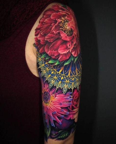 Colorful Chest Tattoos For Women, Color Side Tattoos Women, Womens Sleeve Tattoo Ideas Unique Color, Color Mandala Tattoo Sleeve, Flower Tattoos Sleeve Colorful, Feminine Tattoos Sleeve Colorful, Colorful Back Tattoos For Women, Color Flower Tattoos For Women, Tattoo Ideas Female Color