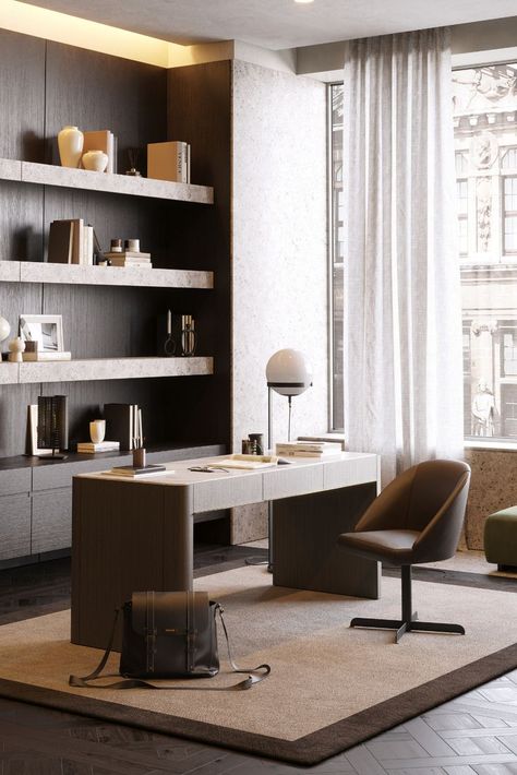 Home office with leather chair and wooden desk, with simple lines Office Cabinet Design, Luxury Office Chairs, Ceo Office, Home Workspace, Iron Stand, Luxury Office, 아파트 인테리어, Contract Furniture, Desk Design