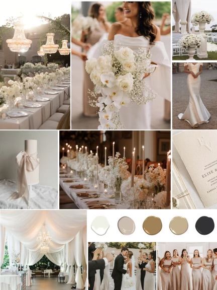 White And Neutrals Wedding, Wedding Color Neutral, Dream Wedding Theme Color Schemes, Modern Champagne Wedding, Black And Champagne Color Palette, White Champagne Wedding Color Schemes, Champagne Green White Wedding, Champagne Wedding Details, Beige Themed Wedding