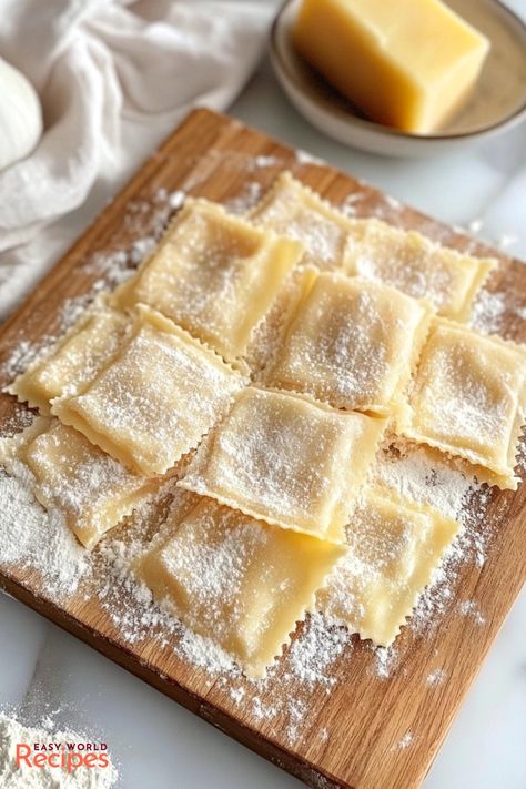 Authentic Ricotta Ravioli Recipe - EasyWorldRecipes Different Ravioli Fillings, Homage Ravioli, Home Made Ravioli Dough, Ricotta Cheese Ravioli Filling, Homemade Meat Ravioli, Ricotta Ravioli Filling, Ravioli Recipe Filling, Ricotta Ravioli Recipe, Homemade Ravioli Dough