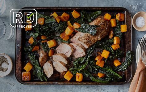 Sheet Pan Roasted Pork, Butternut Squash and Kale Pork Butternut Squash, Fall Food Recipes, Butternut Squash And Kale, Myfitnesspal Recipes, Butternut Squash Kale, Pork Recipes For Dinner, Pork Dinner, Roasted Pork, Kale Recipes