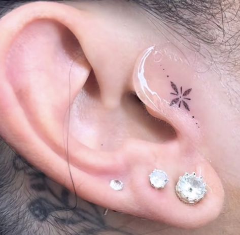 Tragus Tattoo, Star Tattoos Behind Ear, Nose Tattoo, Side Wrist Tattoos, Ear Tattoo Ideas, Hidden Tattoos, Ear Tattoos, Small Pretty Tattoos, Dainty Tattoos