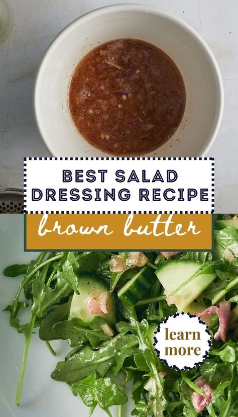 Use brown butter instead of oil for the best salad dressing recipe. Easy brown butter vinaigrette is great on greens, roasted vegetables, juicy chicken breasts, or fish like salmon or tuna. Simple homemade salad dressing from scratch. Brown Butter Salad Dressing, Brown Butter Vinaigrette Recipe, Best Salad Dressing Recipe, Simple Homemade Salad Dressing, Brown Butter Vinaigrette, Dressing From Scratch, Easy Entertaining Food, Easy Homemade Salad Dressing, Best Salad Dressing