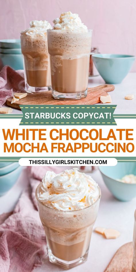 white chocolate mocha frappuccino Frappe Recipe, Mocha Frappuccino, Frappuccino Recipe, White Chocolate Mocha, Copycat Starbucks Recipes, Chocolate Mocha, Starbucks Frappuccino, Starbucks Copycat, Diy Recipe