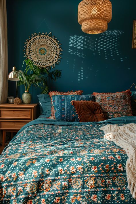 Teal Boho Bedroom Decorating Ideas - 123 Inspiration Blue And Rust Bedroom, Teal Boho Bedroom, Weathered Wood Furniture, Peacock Blue Bedroom, Teal Bedroom Ideas, Teal Duvet, Teal Duvet Cover, Color Theory Art, Teal Bedroom