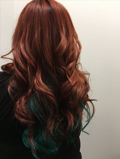 Red And Green Peekaboo Hair, Red And Teal Hair Color, Auburn And Green Hair, Natural Red Hair With Peekaboo Color, Auburn And Teal Hair, Ginger Hair With Blue Streaks, Natural Red Hair With Vivid Colors, Ginger With Purple Highlights, Red Hair With Teal Highlights