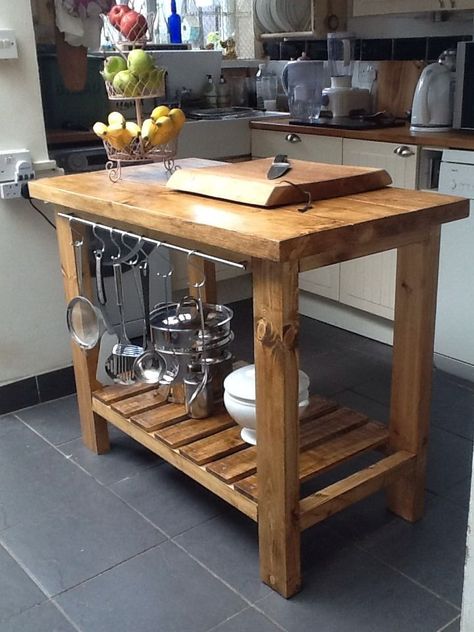 Handmade Rustic Kitchen Island/Butchers Block Solid Wood with Shelf and Rail in Home, Furniture & DIY, Furniture, Kitchen Islands/Kitchen Carts | eBay! Homemade Kitchen Island, Diy Kitchen Cart, Diy Butcher Block, Butcher Block Island Kitchen, Koti Diy, Kitchen Design Gallery, Butchers Block, Rustic Kitchen Island, Butcher Blocks