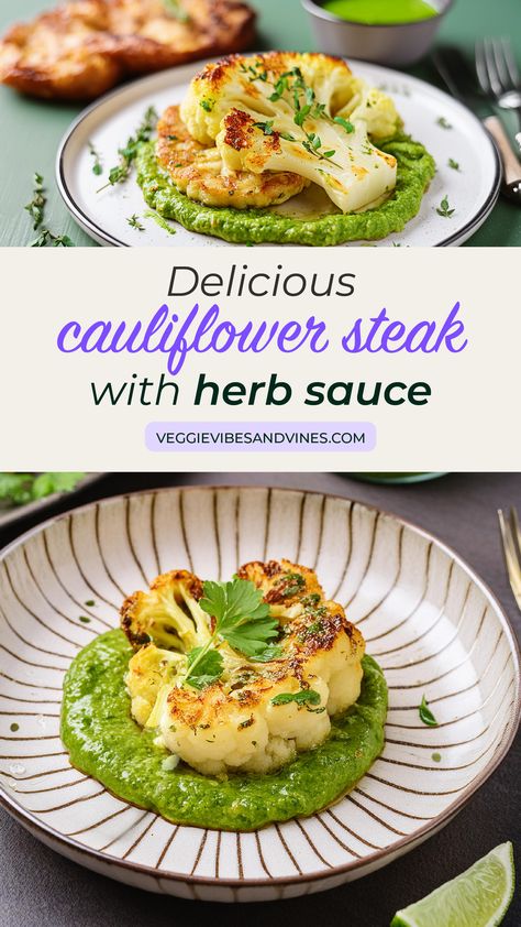 Cauliflower Steak with Herb Sauce Steak Appetizers, Cauliflower Steaks Recipes, Cauliflower Steak, Roasted Cauliflower Steaks, Vegan Steak, Cauliflower Dishes, Cauliflower Steaks, Vegan Cauliflower, Herb Sauce