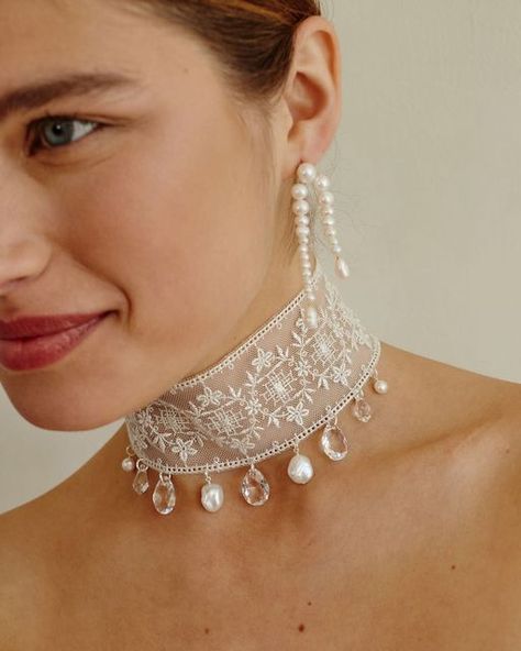 Chan Luu on Instagram: "Swept away by these Victorian-inspired statement chokers featuring handmade lace, crystals and pearls. Perfect for a winter bride ✨❄️✨" Pearl Choker Bride, Wedding Dress With Choker, Pearl Handmade Jewelry, Pearl Necklace Bride, Bride Choker, Lace Necklaces, Cloth Jewellery, Bridal Choker Necklace, Statement Jewelry Necklace