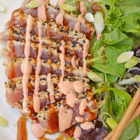 Ahi Tuna Recipes, Volcano Sauce, Cooking Ahi Tuna, Fresh Tuna Recipes, Ahi Tuna Steak Recipe, Healthy Steak Recipes, Sesame Crusted Tuna, Ahi Tuna Recipe, Tuna Tacos