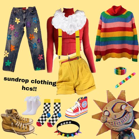 Fnaf Moon Inspired Outfit, Sun Fnaf Outfit, Fnaf Security Breach Inspired Outfits, Sundrop Clothes, Sun And Moon Themed Outfits, Sun Cosplay Outfit, Sundrop And Moondrop Inspired Outfits, Moondrop Cosplay Ideas, Sun Drop Fnaf Cosplay