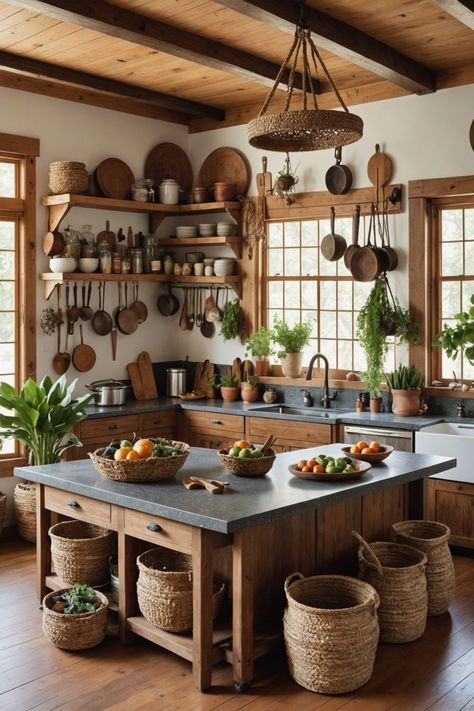 Boho Kitchen Island Ideas, Kitchen With Furniture As Cabinets, Rustic Kitchen Interior, Cottage Farm Kitchen, Modern Cottage Interior Design Ideas, Cabin Home Kitchen, Kitchen Inspo Boho, Tree In Kitchen, Country Boho Home