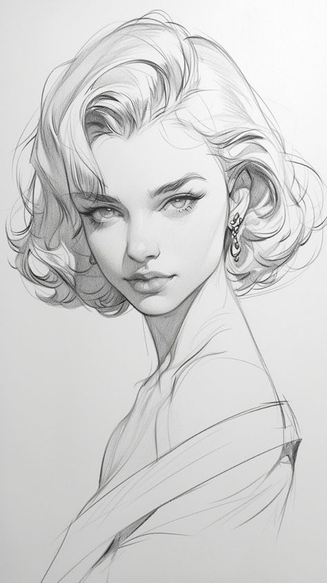 Female Pencil Sketch, Wavy Short Hair Drawing, Drawing People Faces Sketches, Elegant Woman Drawing, Short Hair Styles Drawing, How To Draw Wavy Hair, Female Faces Drawing, Wavy Hair Sketch, Wavy Hair Illustration