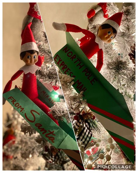 Paper Airplane Elf On Shelf, Elf On The Shelf Airplane Arrival, Elf Paper Airplane, Elf’s First Arrival, Elf On The Shelf Paper Airplane, Elf On The Shelf Arrival Ideas First, Elf On The Shelf Welcome, How To Hang Garland On Mantel, Paper Napkin Folding Ideas