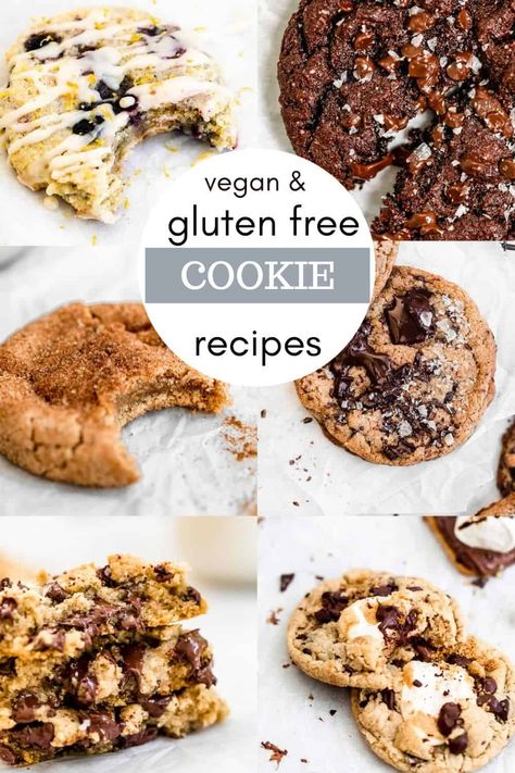 These vegan and gluten free cookie recipes are easy to make and so delicious. From chocolate chip, snickerdoodles, sugar cookies, chickpea cookies and more, there is a vegan recipe here for everyone! #vegancookies Vegan Gf Dessert Easy, Gluten Free Vegan Cookies Easy, Gf Vegan Chocolate Chip Cookies, Gf Dairy Free Cookies, Gluten Free Vegan Chocolate Cookies, Vegan Gf Cookies Recipes, Gluten Free Vegan Shortbread Cookies, Vegan Cookies Gluten Free, Dairy And Egg Free Cookies