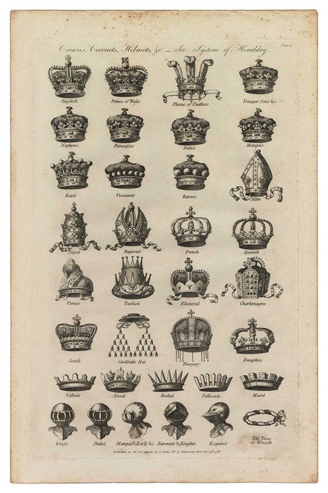 ★ Details: A beautiful vintage reproduction 18th C. English System of Heraldry Engraving. The giclée printed art features amazing detailed drawings of King Crowns, Prince Crowns, Princess Crowns, Knight Helmets and more from the system of Heraldry in the late 1700s. They are reproduced from high resolution scans of an original engraving print. They are sure to give you that dramatic large scale piece that sets off a room, and will be a discussion piece in your house for years to come. ★ FRAMING: Medieval Crown Queens, Kings And Queens Art, England Tattoo, King Crowns, Medieval Crown, Helmet Drawing, Monogram Wallpaper, Princess Crowns, Heraldry Design