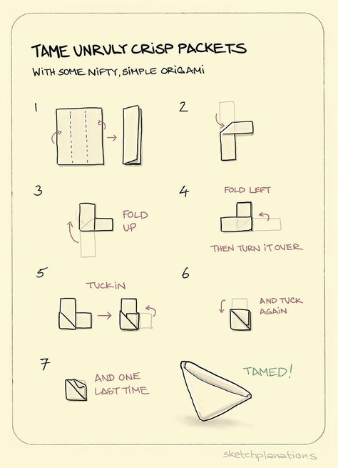 So, you finish a packet of crisps, or chips, and scrumple the packet up, but in just keeps uncrumpling and tries to blow away. No longer. This handy little bit of origami creates a neat and tidy little triangle that keeps your crisp packet behaving. Give it a try next time.HT: Dave Barker taught me this about 20 years ago. I still find it useful. Crisp Packet, Creative Origami, Aluminum Can Crafts, Treasure Jewelry, Take My Breath, Can Crafts, Sketches Easy, Origami Easy, What Can I Do