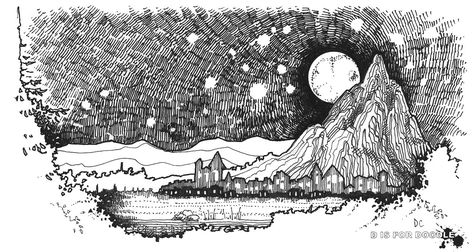 Inking Reference, Night Sky Drawing, Sketch Tips, Drawing Sky, House Artwork, Story Illustration, Pen Doodles, Drawing Stars, Night Illustration