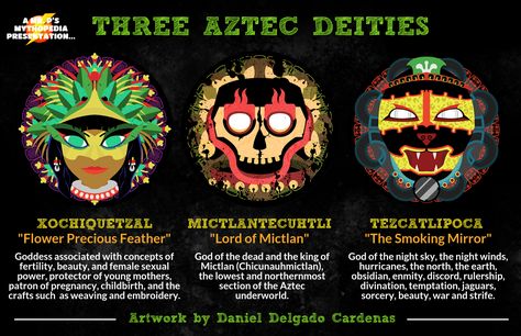 A look at three of the main Aztec deities of Mesoamerica, with beautiful artwork by Daniel Delgado Cardenas! #Xochiquetzal #Mictlantecuhtli #Tezcatlipoca #AztecGods #AztecMythology #Mythology #MrPsMythopedia https://www.facebook.com/MrPsMythopedia/ Aztec Deities, Aztec Mythology, World History Classroom, Aztec Culture, Legends And Myths, Indian Tattoo, Mexico Art, Ancient Mythology, Aztec Art