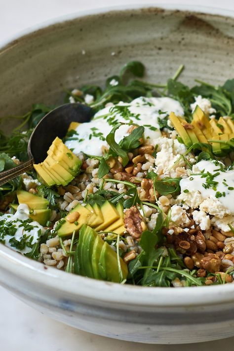 A big bowl filled with barley, arugula, crumbled cheese, sliced avocado, and a lemony yogurt dressing. Arugula Grain Bowl, Summer Grain Salad, Grain Bowl Aesthetic, Lunch Ideas Whole Foods, Savory Yogurt Bowl, Barley Bowl, 101 Cookbooks, Arugula Recipes, Barley Salad