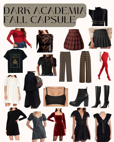 https://thesalteddenim.com/fall-winter/dark-academia-fall-capsule Office Witch Fashion, Alt Capsule Wardrobe, Dark Academia Capsule Wardrobe, Dark Academia Winter, Dark Academia Fall, Winter Dark, Wardrobe Capsule, Lazy Day Outfit, Witch Fashion