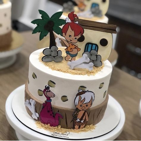 Flintstones Cake Ideas, Bam Bam Birthday Cake, Pebbles Cake Ideas, Flintstones Birthday Cake, Flinstones Cake, Pebbles Birthday Cake, Baby Birthday Party Theme, 2nd Birthday Boys, Baby Birthday Themes