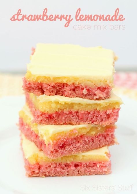 Strawberry Lemonade Cake, Cake Mix Bars, Delicious Strawberry Cake, Lemonade Cake, Lemon Frosting, Strawberry Cake Mix, Six Sisters Stuff, Six Sisters, Cake Bars