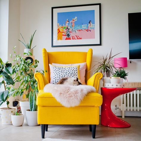 House Tour: A Fabulously Fun & Colourful Family Home - Audenza Cat Incense Holder, Quirky Living Room, Colourful Lounge, Yellow Armchair, Open Plan Living Room, Lovely Family, Colourful Living Room, Super Busy, We Made It