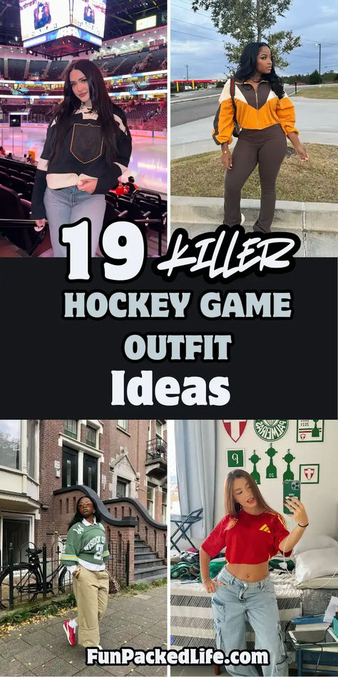 Image showcases four trendy hockey game outfit ideas with the text "19 Killer Hockey Game Outfit Ideas" prominently displayed. Outfits include a black hockey jersey paired with jeans, a sporty tracksuit in orange and brown tones, an oversized green jersey styled with cargo pants and sneakers, and a cropped red sports tee with loose-fitting jeans. The theme emphasizes a mix of sporty and casual styles perfect for showing team spirit and staying comfortable during a hockey game. Hockey Game Outfit Ideas, Style Hockey Jersey Outfit, Outfit For Hockey Game Cute, How To Dress For A Hockey Game, Hockey Game Day Outfit, Ice Hockey Game Outfit Women, Hockey Wife Outfit, Outfits For Hockey Games, Nhl Jersey Outfit