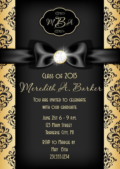 Graduation Announcement - Printable Graduation Invitation - Gold Diamond Ribbon Invite Black And Gold Graduation Party, Ribbon Graduation, College Graduation Party Invitations, Graduation Reception, Black And Gold Graduation, Graduation Announcements High School, Graduation Invitation Cards, Graduation Invitations High School, College Graduation Announcements