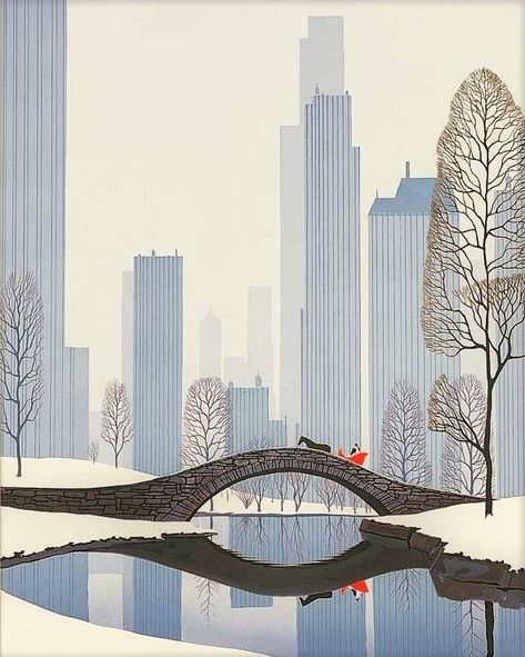 Central Park Christmas, Eyvind Earle, Vintage Christmas Images, Retro Images, Contemporary Christmas, Landscape Illustration, Winter Art, Art Plastique, Art Moderne