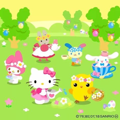 Garden Pfp, Spring Hello Kitty, Sanrio Spring, Kitty Icon, Sanrio Stuff, Twin Stars, Group Photo, Little Twin Stars, Happy Wednesday