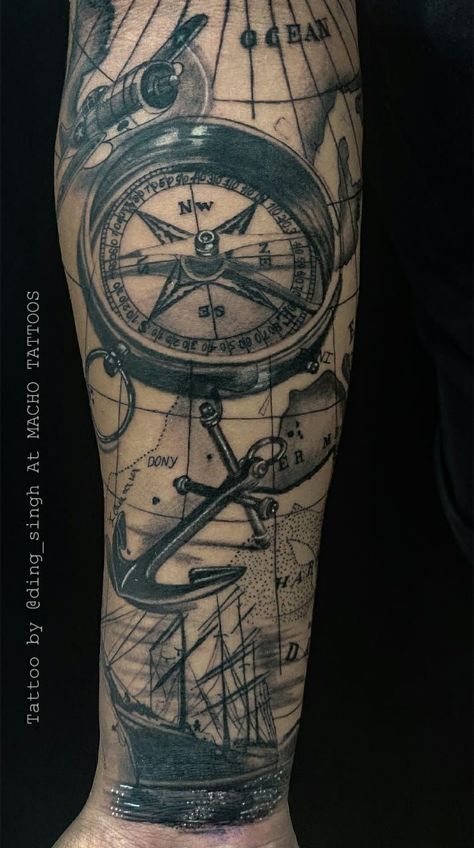 Travel Tattoo Sleeve on Foream with Compass Anchor Ship Map as elements Travel Tattoo Sleeve Adventure, Sextant Tattoo, Compas Tattoo, Wanderlust Tattoos, Ship Tattoo Sleeves, Compass And Map Tattoo, Compass Tattoo Men, Nautical Tattoo Sleeve, Tattoo 2022