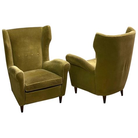 Pair of Italian Mid-Century Wingback Lounge Chairs by Gio Ponti, Model 512 Mid Century Wingback Chair, Wing Back Chair, Green Wing, Mid Century Modern Armchair, Italian Mid Century Modern, High Back Chairs, Gio Ponti, Modern Armchair, Lounge Chairs