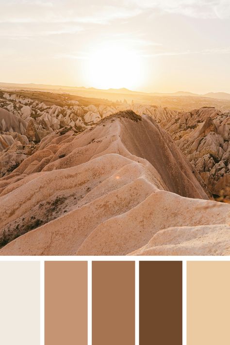 This serene landscape bathes in the gentle hues of brown pastels, softly blending warm earthy tones with a touch of subtle pink and creamy beige. A tranquil scene that evokes a sense of peace and natural beauty. Earthen Color Palette, Coachella Color Palette, Warm Earth Tone Color Palette, Desert Sunset Color Palette, Warm Earthy Color Palette, Earth Tones Aesthetic, Desert Color Palette, Color Scheme Generator, Earth Colour Palette