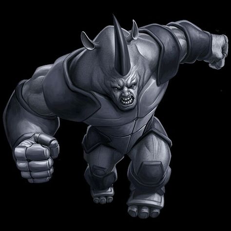 RHINO Low-level thug Aleksei Sytsevich underwent a series of chemical and radiation treatments that endowed him with superhuman strength and a nearly invulnerable exoskeleton. As the Rhino, Sytsevich (aka Alex O’Hirn) uses his own body as a powerful concussive missile often with brutal results! Extremis Marvel, The Rhino Spiderman, The Rhino Marvel, Marvel Rhino Art, Marvel Rhino, Brotherhood Of Mutants Marvel, Avengers Earth's Mightiest Heroes, Superhero Theme Party, Marvel Knights