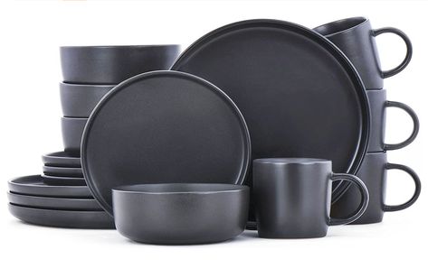 Basic Breakfast, Easy Microwave Cleaning, Contemporary Dinnerware, Black Dinnerware, Dishware Sets, Plates And Bowls Set, Kitchen Plate, Stoneware Dinnerware Sets, Stoneware Dinnerware