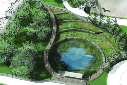 Campus Landscape Design, Pond Landscape, Retention Pond, Water Artists, Water Sculpture, Campus Design, Pond Water Features, Pond Landscaping, Water Projects