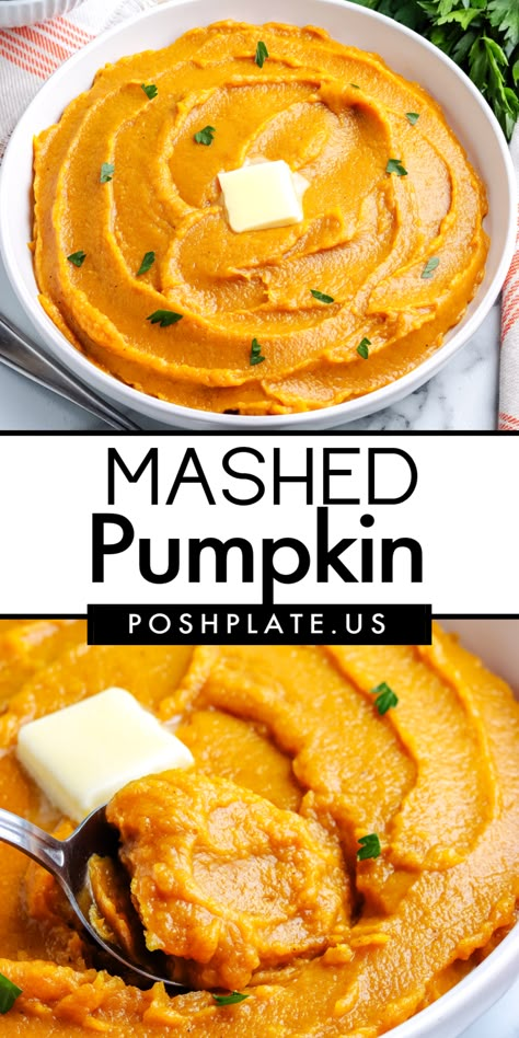 This velvety mashed pumpkin recipe is a creamy blend of roasted pumpkin, maple syrup, and warm autumn spices. Mashed Pumpkin, Pumpkin Mash, Autumn Spices, Fluffy Mashed Potatoes, Mash Recipe, Yummy Fall Recipes, Pumpkin Recipe, Savory Herb, Roasted Pumpkin