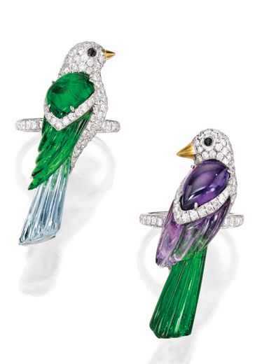 PAIR OF 18 KARAT WHITE GOLD, COLORED STONE, DIAMOND AND ONYX RINGS, MICHELE DELLA VALLE Designed as pair of parrots, one composed of amethyst and tourmaline, the other composed of blue topaz and green glass, accented by round diamonds weighing a total of approximately 3.55 carats, completed by round onyx eyes, both rings size 6½, signed Michele della Valle, numbered 140731 and 140732. With signed box. Jadeite Jewelry, Onyx Eyes, Onyx Rings, Bird Rings, Diamond Jewelry Designs, Beading Ideas, Colored Stone, Bird Brooch, Bird Jewelry