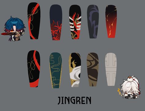 jingren nails ideas honkai star rail hsr jing yuan blade Honkai Star Rail Nails, Hsr Nails, Hsr Jing Yuan, Cosplay Nails, Genshin Nails, Anime Nail, Jing Yuan, Nail Drawing, Anime Nails