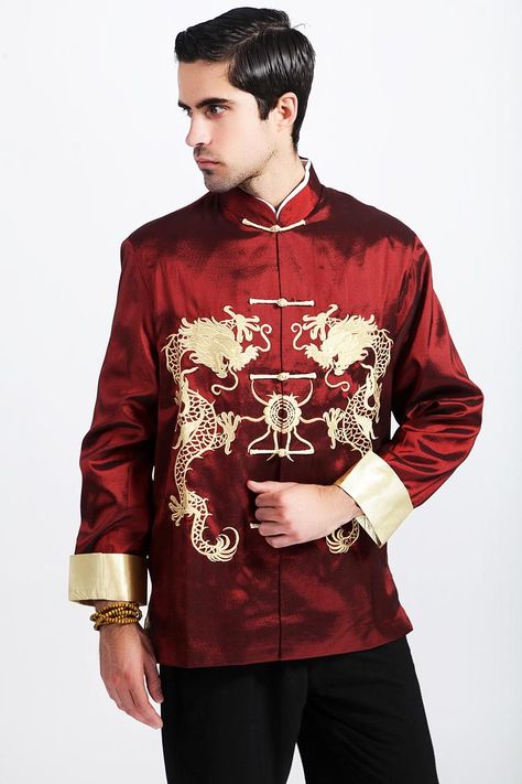 Mandarin Collar Jacket, Chinese Shirt, Chinese Traditional Clothing, Tang Suit, Chinese Man, Satin Long Sleeve, Active Jacket, Chinese Clothing, Chinese Traditional