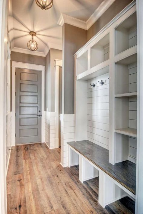 farmhouse mudroom ideas - grey and white modern country style mudroom ideas for entryway mud rooms or laundry mudrooms Entryways Ideas, Perfect Mudroom, Farmhouse Mudroom Decor, Mudroom Storage Cabinet, Mudd Room, Mudroom Ideas Diy, Organized Laundry, Farmhouse Mudroom, Farmhouse Projects