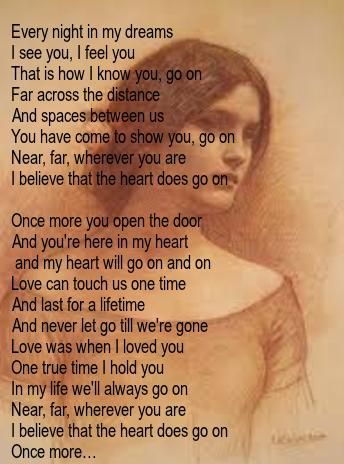 "My Heart Will Go On" recorded by Celine Dion Celine Dion My Heart Will Go On, My Heart Will Go On Lyrics, Stevie Nicks Lyrics, Celion Dion, Celine Dion Lyrics, Celine Dion Songs, Banjo Music, Lovely Song, Lyric Poetry