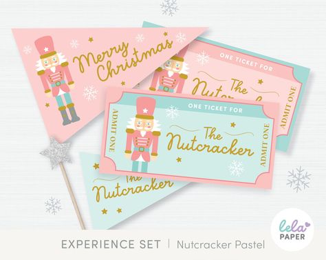 Pastel Nutcracker Tickets Printable | Pink Christmas Holiday Gift Set | Banners, Pennants, Gift Tags, Flags Decor | Experience Gift Idea Whimsical Nutcracker, Pastel Nutcracker, Tickets Printable, Pink Tickets, Printable Tickets, Winter Activities For Kids, Pennant Flags, Holiday Gift Sets, Pennant Banners