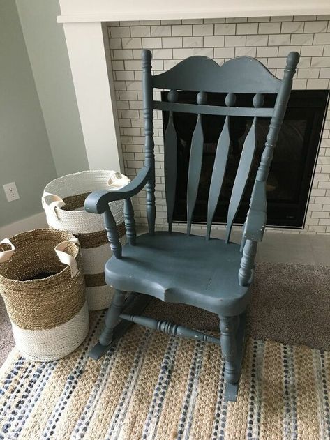 Repurposed Rocking Chair, Refinished Rocking Chair, Wood Rocking Chair Makeover, Painted Rocking Chair Ideas, Ikea White Shelves, Blue Rocking Chair, Rocking Chair Makeover, Painted Rocking Chairs, Painted Bedroom